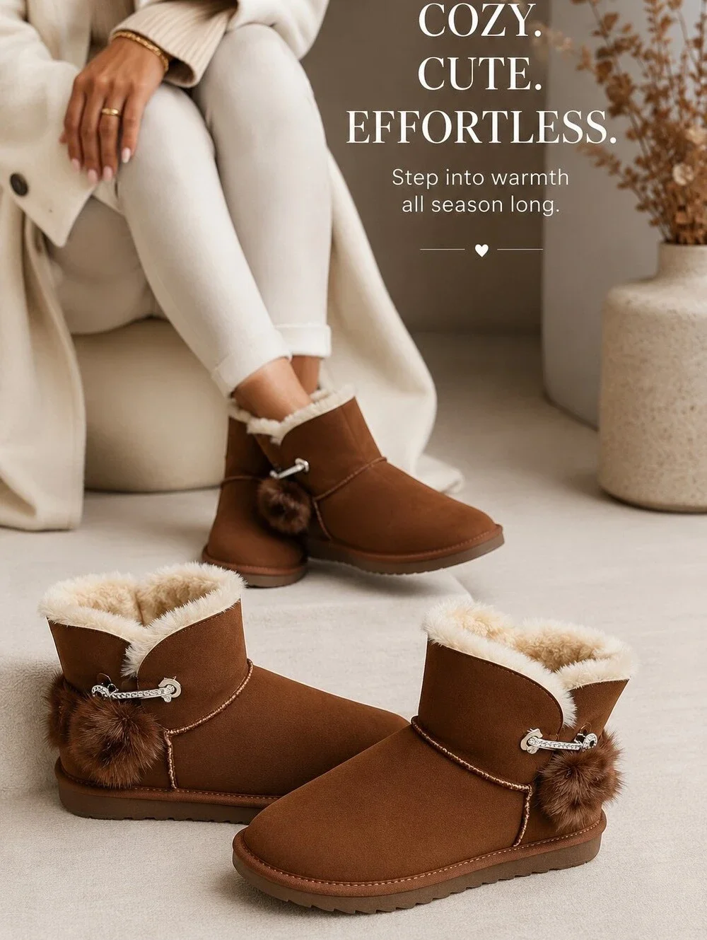 Chestnut Pom-Pom Faux Shearling Lined Booties